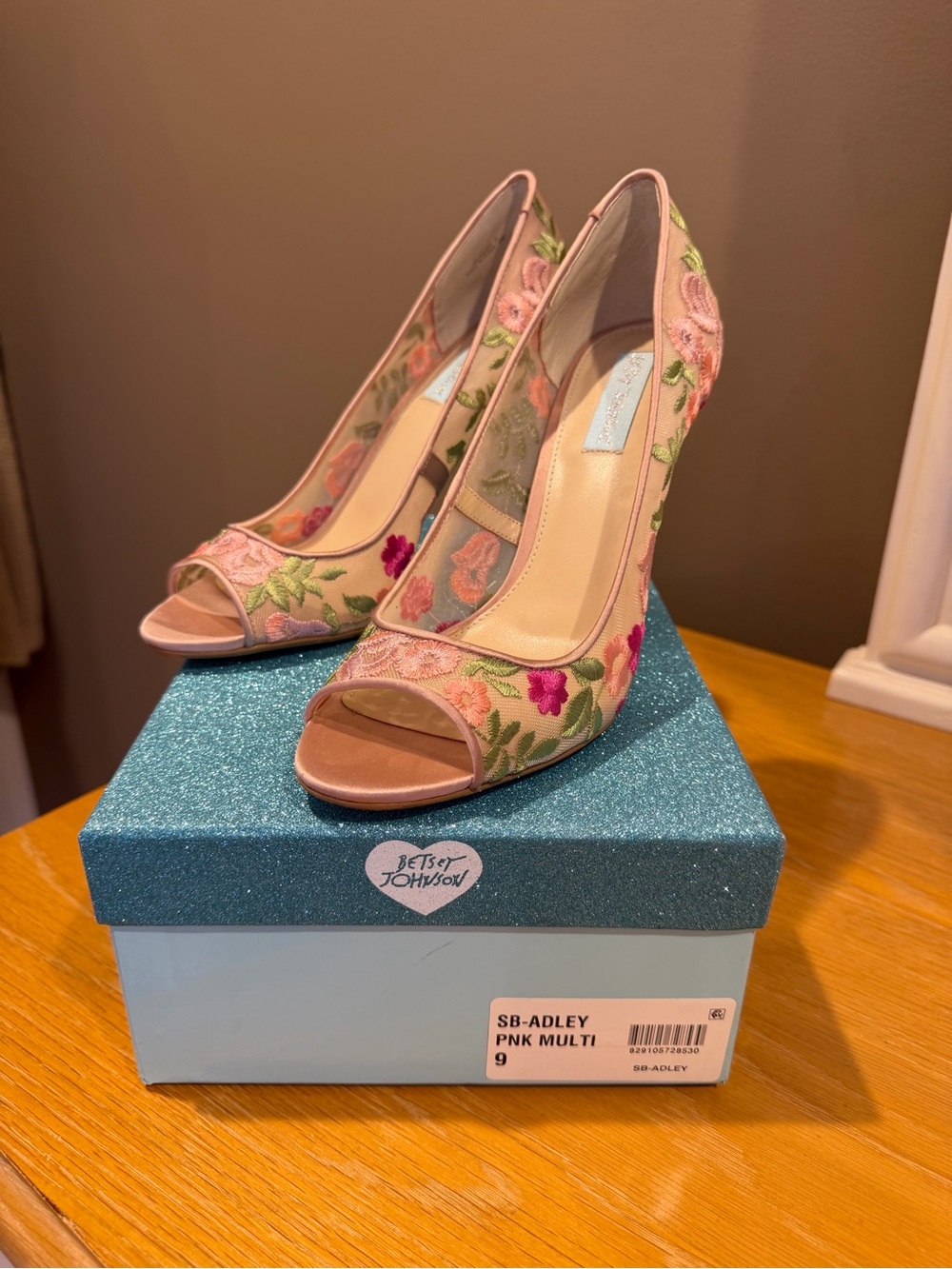 Betsey Johnson Pink Floral Embroidered Peep-Toe Heels
